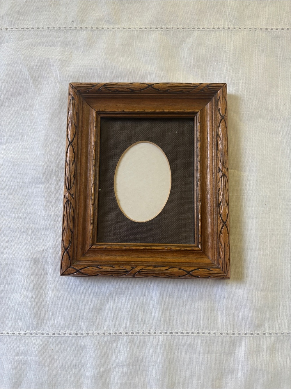 Vintage Wood Hand Carved Brown Picture Frame with Oval Mat 5x7